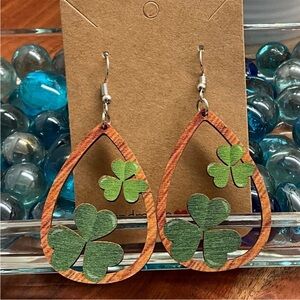 Wooden Teardrop Earrings with Green Clovers